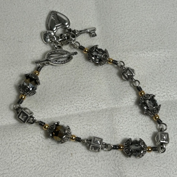 Brighton Two-tone Crystal Lock Bracelet Silver Plated Toggle Circle Link 8" - Picture 4 of 10